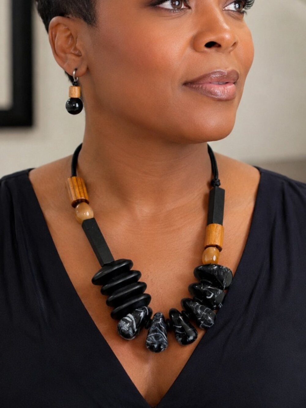 Acrylic and Wood Chunky Necklace - Black